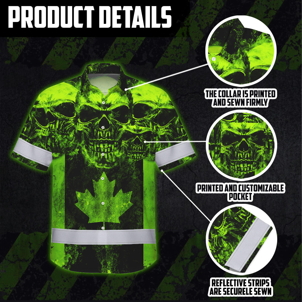Hi Vis Hawaiian Shirt Reflective Tapes Green Neon Skull CA Flag Custom Name Safety Workwear For Workers, Truckers, Operators, Canadian