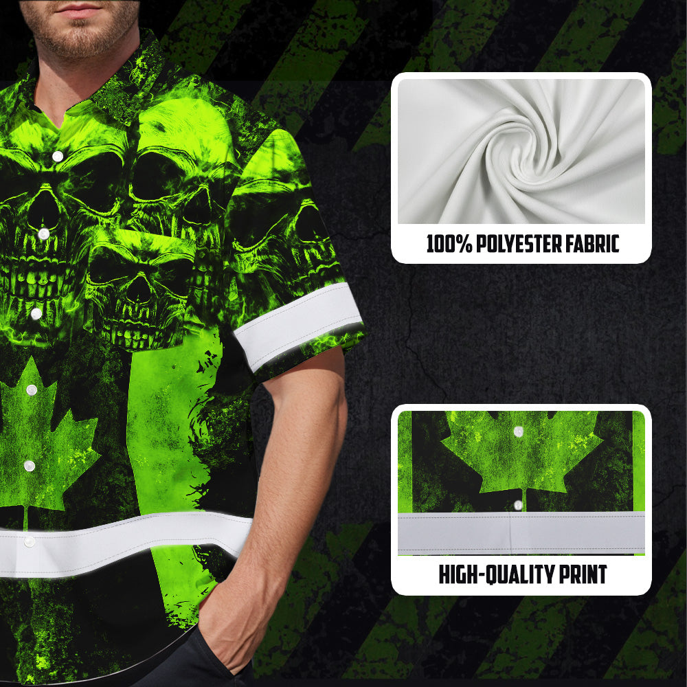 Hi Vis Hawaiian Shirt Reflective Tapes Green Neon Skull CA Flag Custom Name Safety Workwear For Workers, Truckers, Operators, Canadian