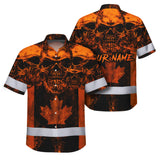 Hi Vis Hawaiian Shirt Reflective Tapes Orange Neon Skull CA Flag Custom Name Safety Workwear For Workers, Truckers, Operators, Canadian