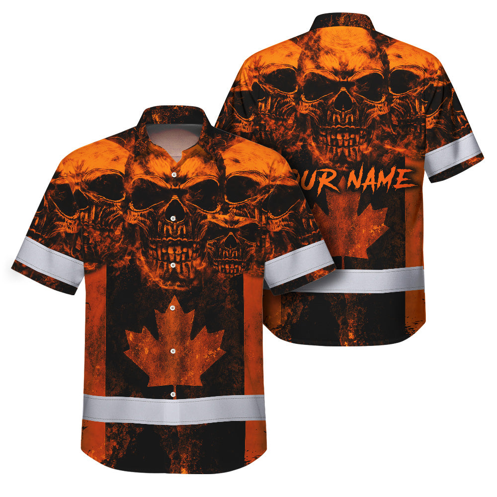 Hi Vis Hawaiian Shirt Reflective Tapes Orange Neon Skull CA Flag Custom Name Safety Workwear For Workers, Truckers, Operators, Canadian
