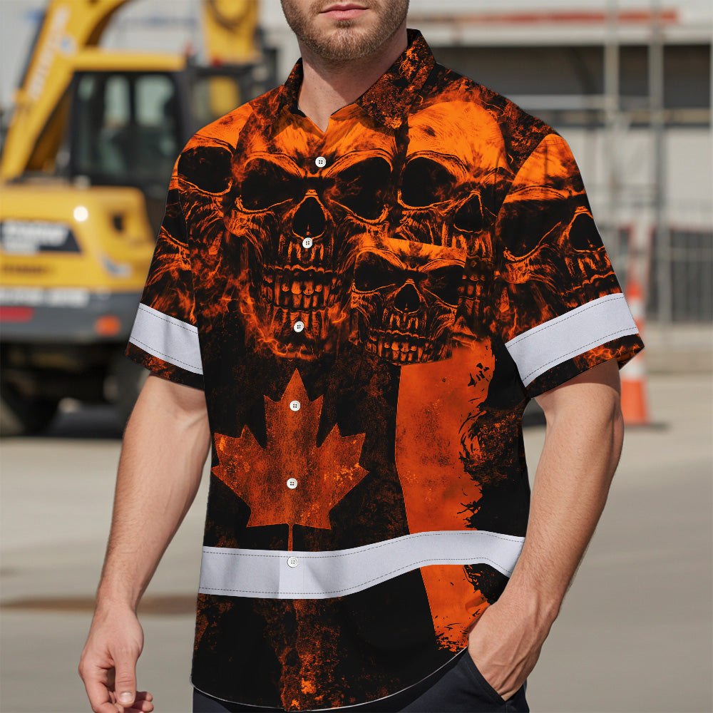 Hi Vis Hawaiian Shirt Reflective Tapes Orange Neon Skull CA Flag Custom Name Safety Workwear For Workers, Truckers, Operators, Canadian