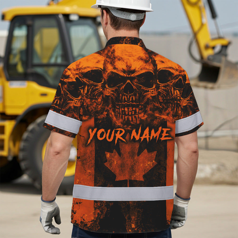 Hi Vis Hawaiian Shirt Reflective Tapes Orange Neon Skull CA Flag Custom Name Safety Workwear For Workers, Truckers, Operators, Canadian