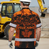 Hi Vis Hawaiian Shirt Reflective Tapes Orange Neon Skull CA Flag Custom Name Safety Workwear For Workers, Truckers, Operators, Canadian