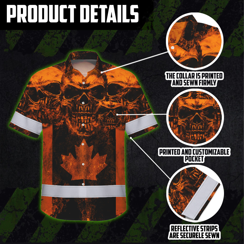 Hi Vis Hawaiian Shirt Reflective Tapes Orange Neon Skull CA Flag Custom Name Safety Workwear For Workers, Truckers, Operators, Canadian