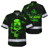 Hi Vis Hawaiian Shirt Reflective Tapes Green Neon Skull CA Custom Name Safety Workwear For Workers, Truckers, Operators, Canadian