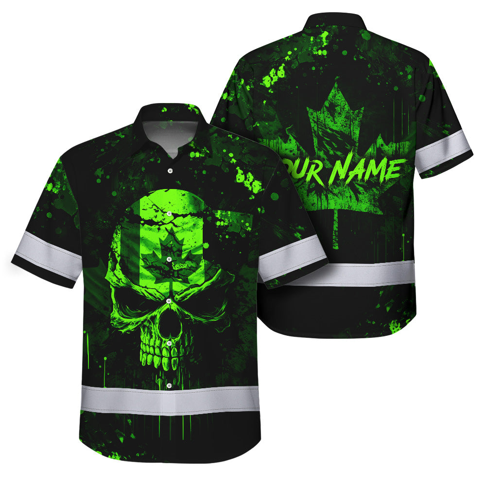 Hi Vis Hawaiian Shirt Reflective Tapes Green Neon Skull CA Custom Name Safety Workwear For Workers, Truckers, Operators, Canadian