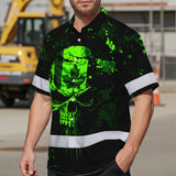 Hi Vis Hawaiian Shirt Reflective Tapes Green Neon Skull CA Custom Name Safety Workwear For Workers, Truckers, Operators, Canadian