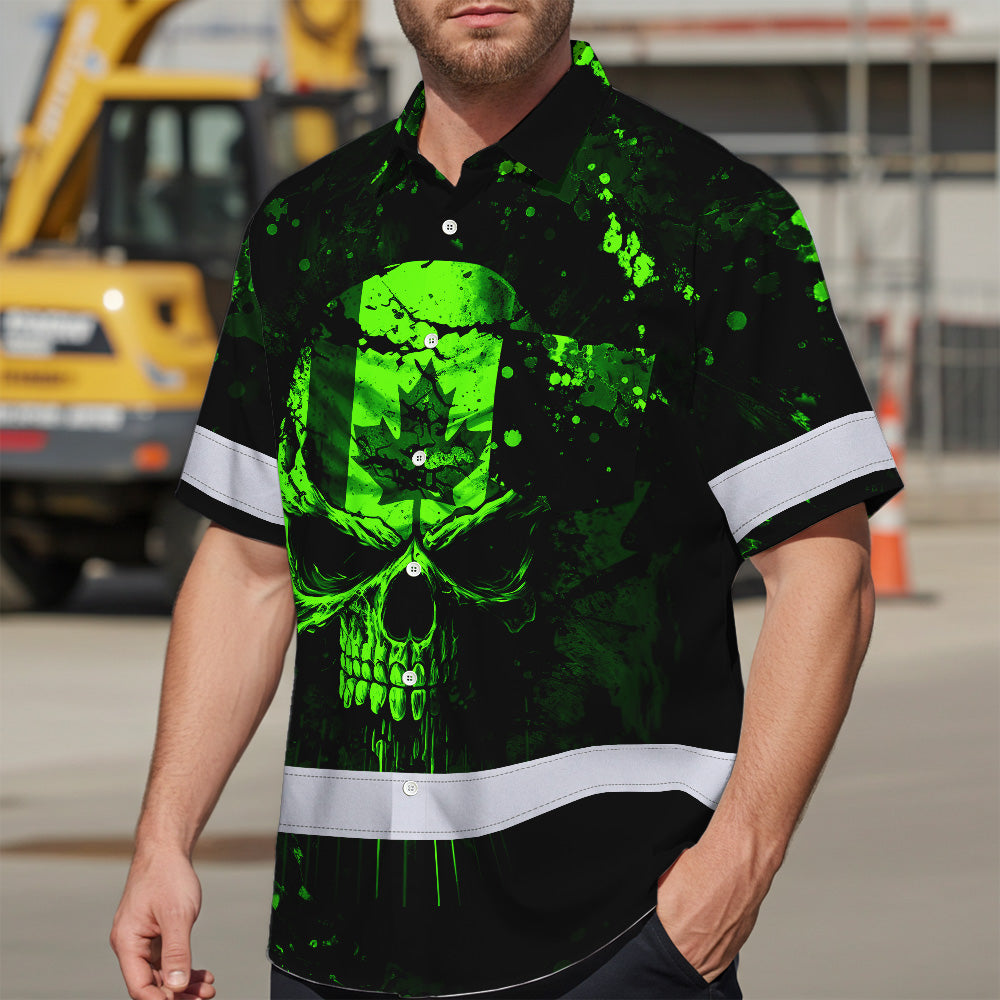 Hi Vis Hawaiian Shirt Reflective Tapes Green Neon Skull CA Custom Name Safety Workwear For Workers, Truckers, Operators, Canadian