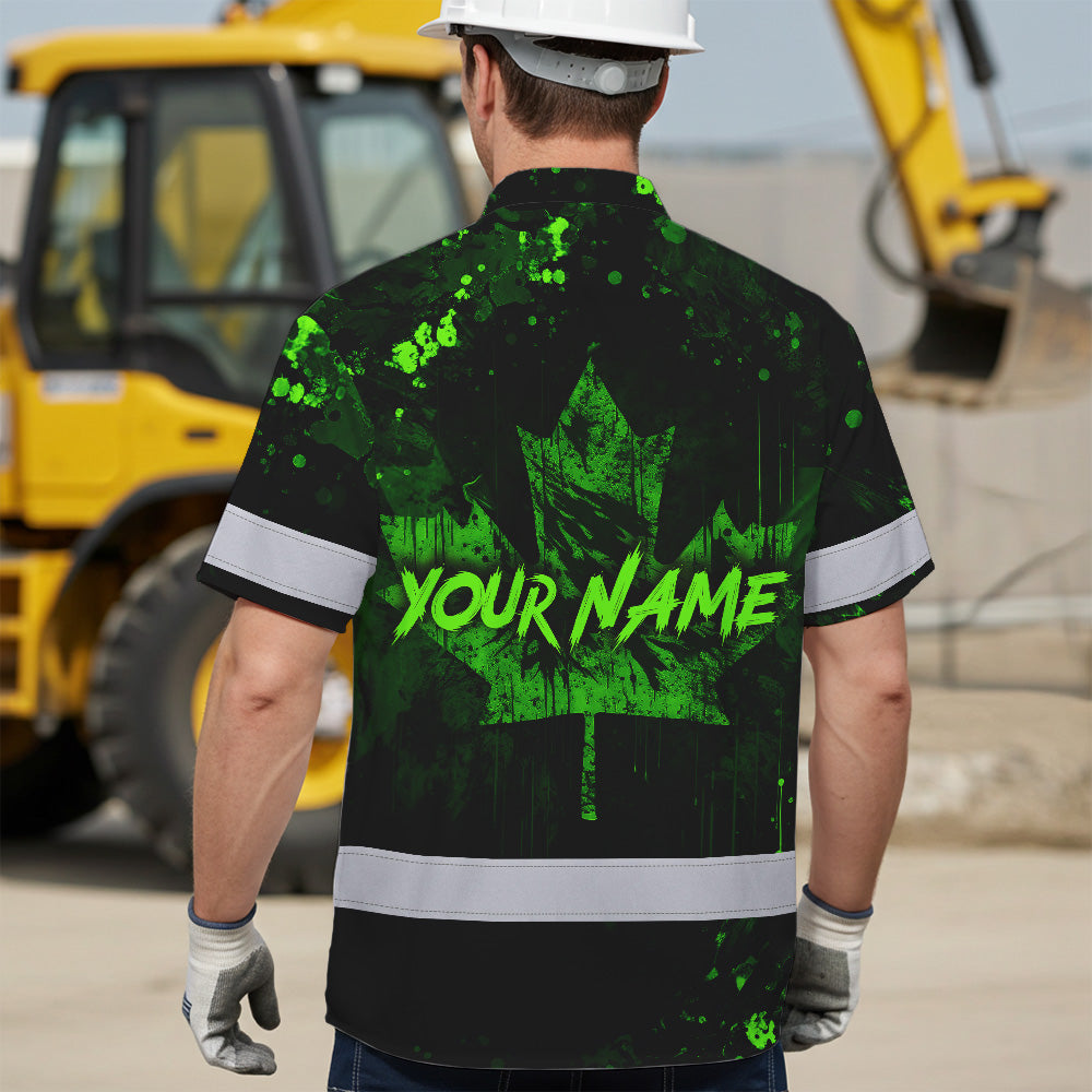 Hi Vis Hawaiian Shirt Reflective Tapes Green Neon Skull CA Custom Name Safety Workwear For Workers, Truckers, Operators, Canadian