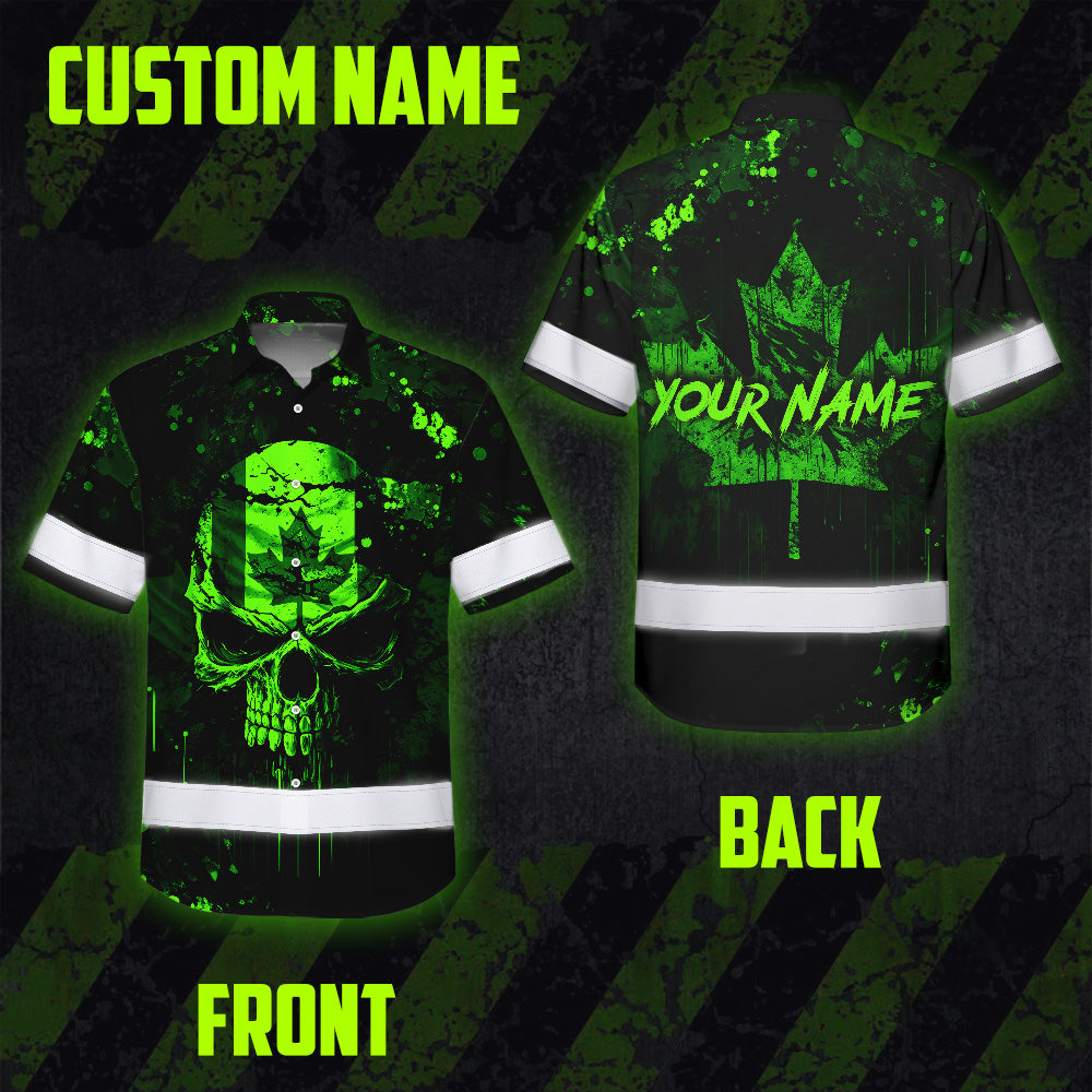 Hi Vis Hawaiian Shirt Reflective Tapes Green Neon Skull CA Custom Name Safety Workwear For Workers, Truckers, Operators, Canadian