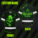 Hi Vis Hawaiian Shirt Reflective Tapes Green Neon Skull CA Custom Name Safety Workwear For Workers, Truckers, Operators, Canadian