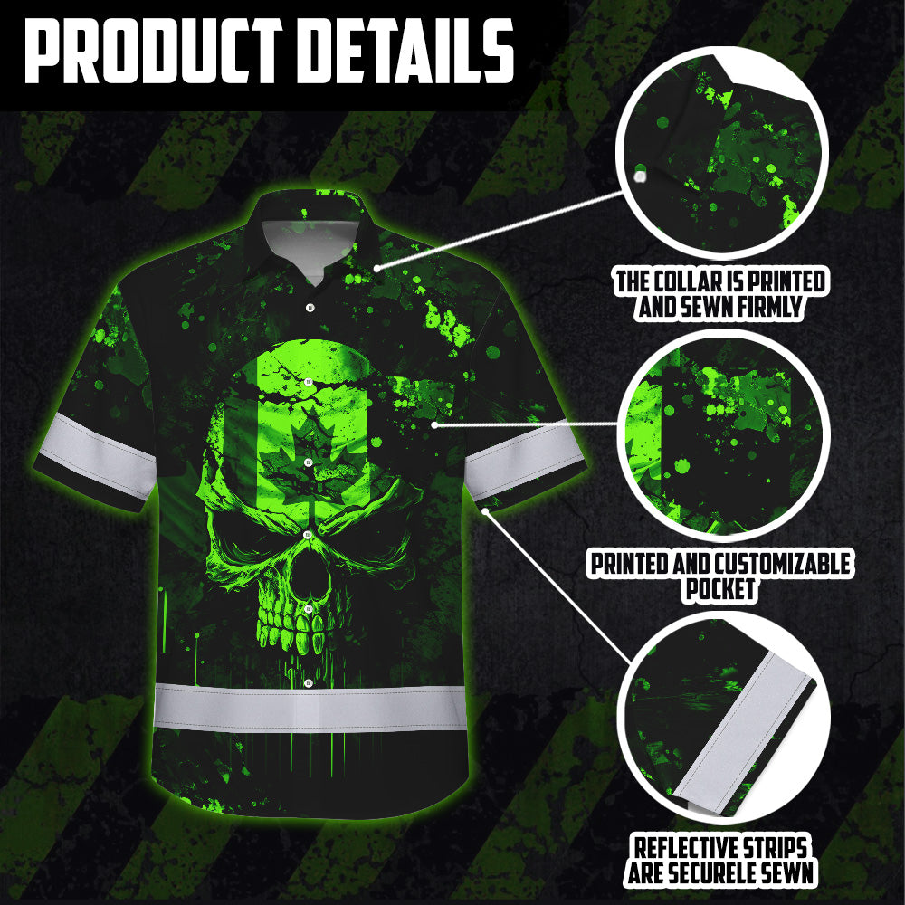 Hi Vis Hawaiian Shirt Reflective Tapes Green Neon Skull CA Custom Name Safety Workwear For Workers, Truckers, Operators, Canadian