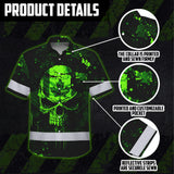 Hi Vis Hawaiian Shirt Reflective Tapes Green Neon Skull CA Custom Name Safety Workwear For Workers, Truckers, Operators, Canadian