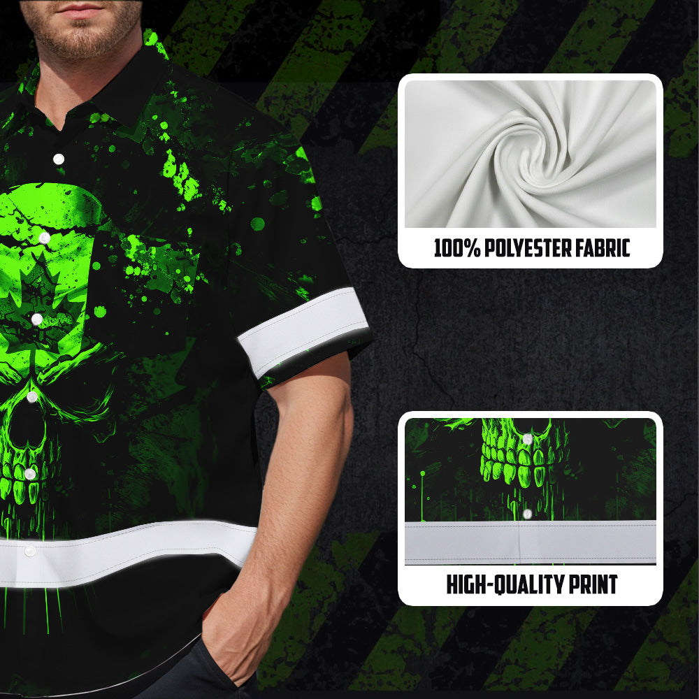 Hi Vis Hawaiian Shirt Reflective Tapes Green Neon Skull CA Custom Name Safety Workwear For Workers, Truckers, Operators, Canadian