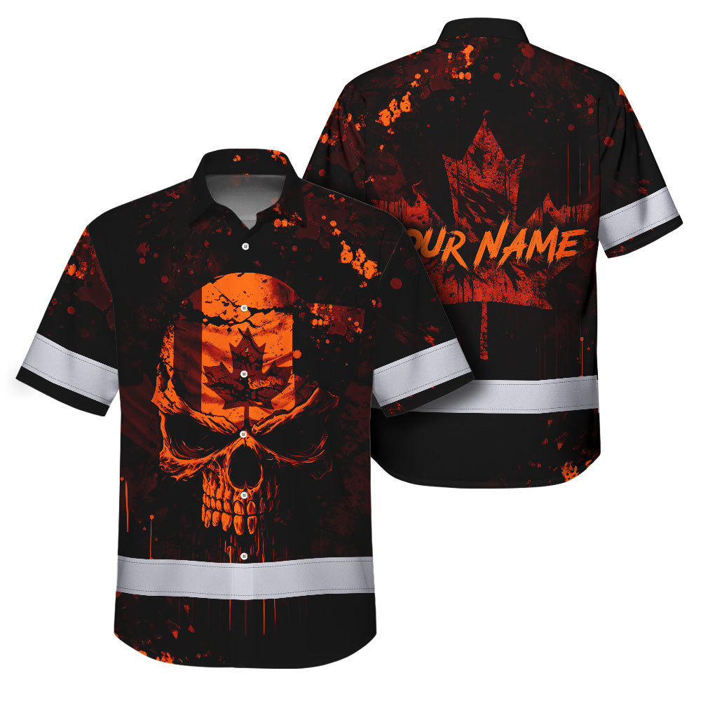 Hi Vis Hawaiian Shirt Reflective Tapes Orange Neon Skull CA Custom Name Safety Workwear For Workers, Truckers, Operators, Canadian