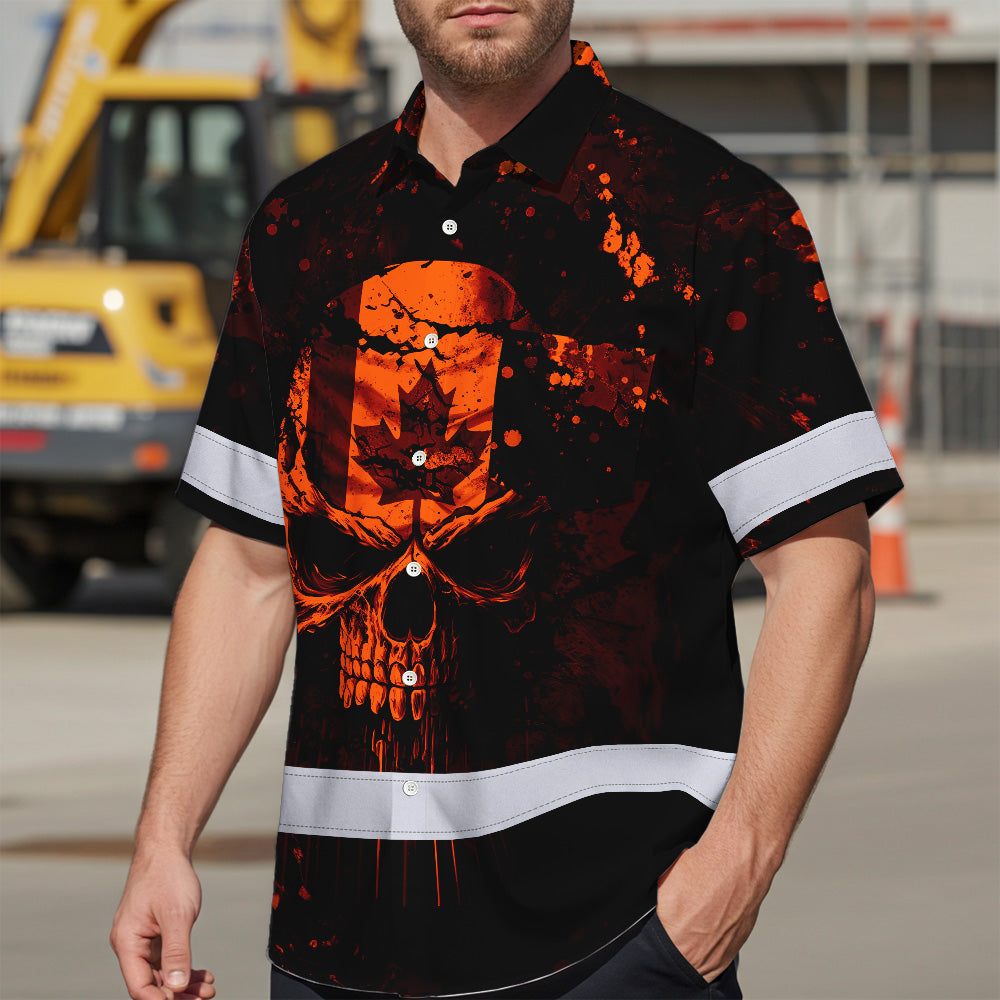 Hi Vis Hawaiian Shirt Reflective Tapes Orange Neon Skull CA Custom Name Safety Workwear For Workers, Truckers, Operators, Canadian