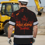 Hi Vis Hawaiian Shirt Reflective Tapes Orange Neon Skull CA Custom Name Safety Workwear For Workers, Truckers, Operators, Canadian
