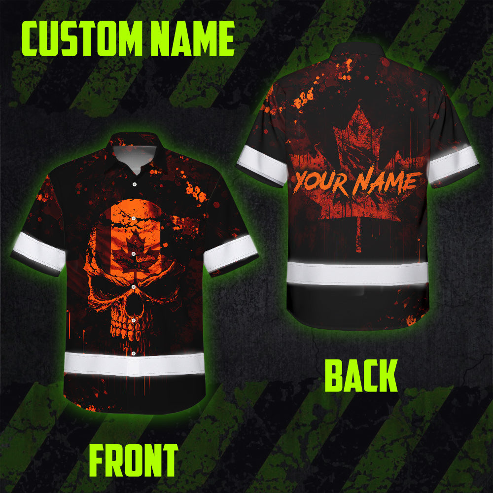 Hi Vis Hawaiian Shirt Reflective Tapes Orange Neon Skull CA Custom Name Safety Workwear For Workers, Truckers, Operators, Canadian