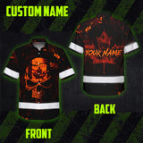 Hi Vis Hawaiian Shirt Reflective Tapes Orange Neon Skull CA Custom Name Safety Workwear For Workers, Truckers, Operators, Canadian