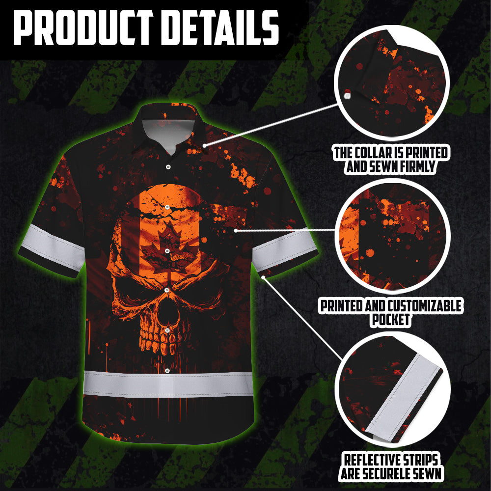Hi Vis Hawaiian Shirt Reflective Tapes Orange Neon Skull CA Custom Name Safety Workwear For Workers, Truckers, Operators, Canadian
