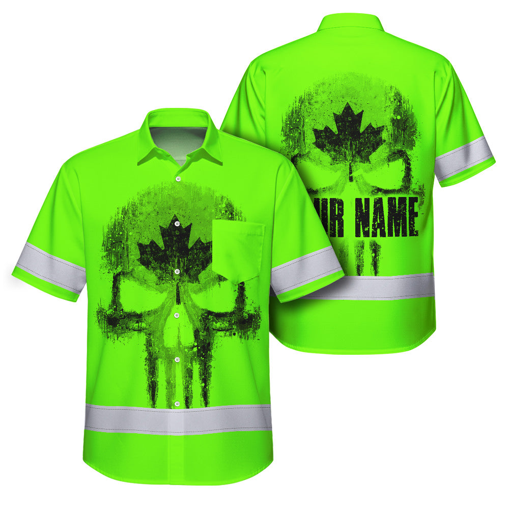 Hi Vis Hawaiian Shirt Reflective Tapes Green Skull CA Flag Custom Name Safety Workwear For Workers, Truckers, Operators, Canadian