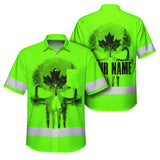 Hi Vis Hawaiian Shirt Reflective Tapes Green Skull CA Flag Custom Name Safety Workwear For Workers, Truckers, Operators, Canadian