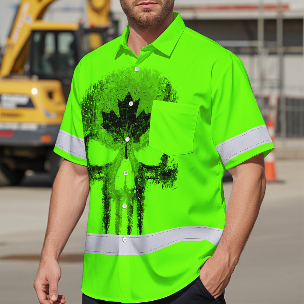 Hi Vis Hawaiian Shirt Reflective Tapes Green Skull CA Flag Custom Name Safety Workwear For Workers, Truckers, Operators, Canadian