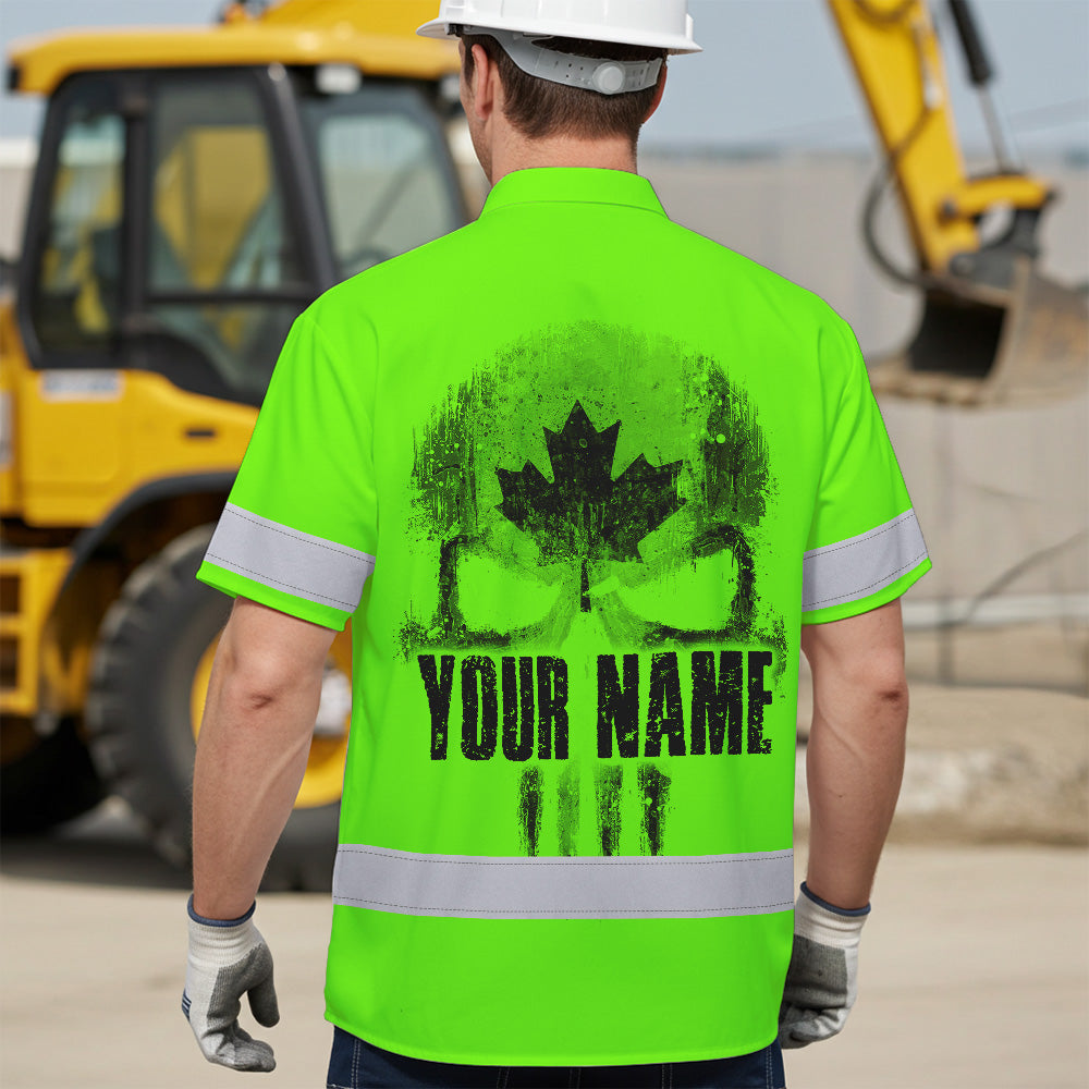 Hi Vis Hawaiian Shirt Reflective Tapes Green Skull CA Flag Custom Name Safety Workwear For Workers, Truckers, Operators, Canadian