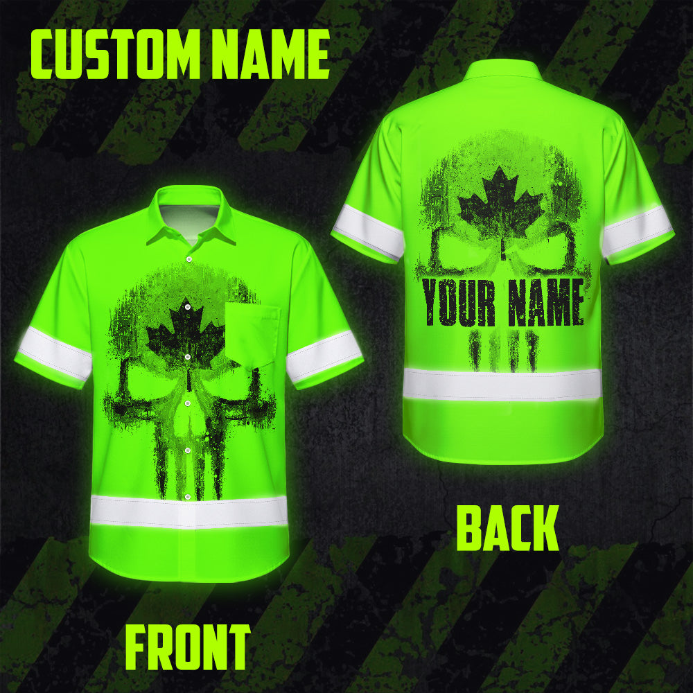 Hi Vis Hawaiian Shirt Reflective Tapes Green Skull CA Flag Custom Name Safety Workwear For Workers, Truckers, Operators, Canadian