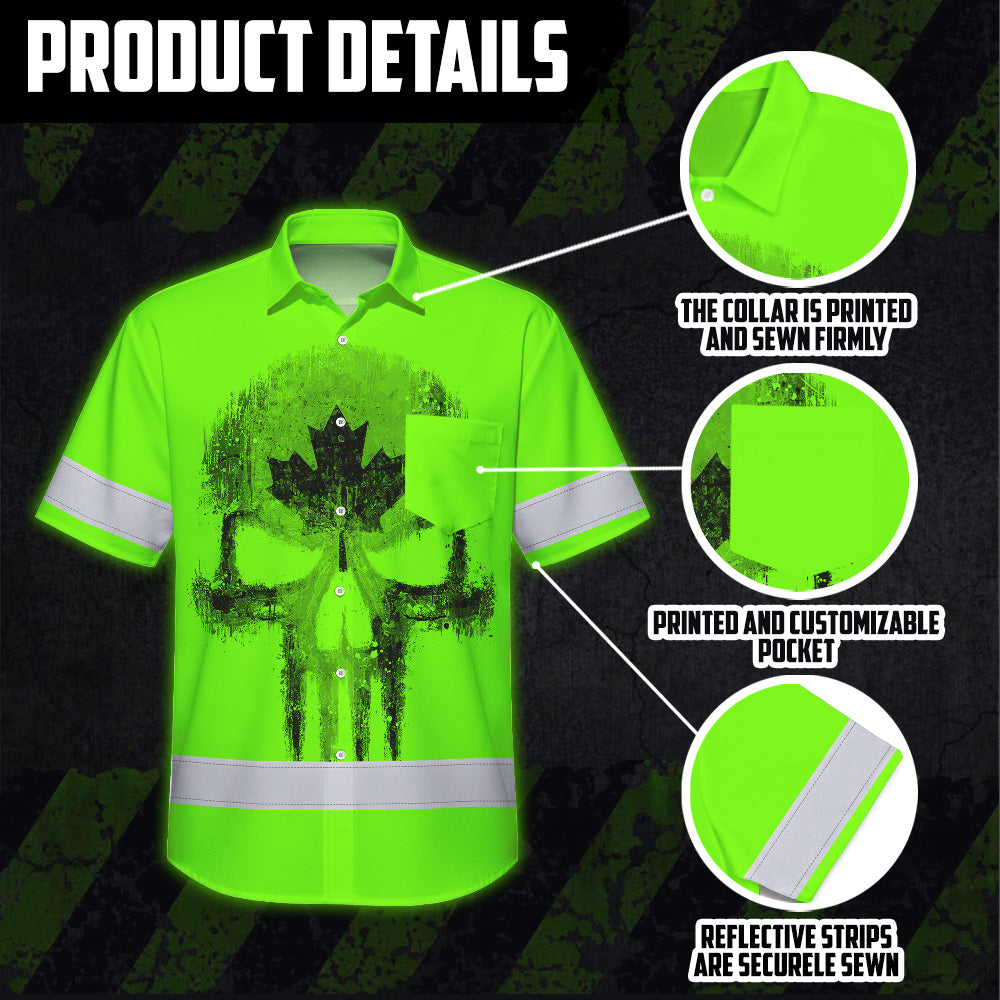 Hi Vis Hawaiian Shirt Reflective Tapes Green Skull CA Flag Custom Name Safety Workwear For Workers, Truckers, Operators, Canadian