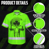 Hi Vis Hawaiian Shirt Reflective Tapes Green Skull CA Flag Custom Name Safety Workwear For Workers, Truckers, Operators, Canadian