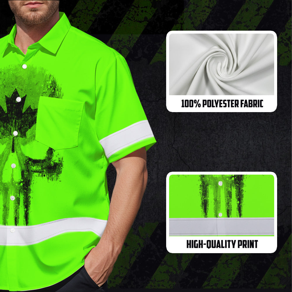 Hi Vis Hawaiian Shirt Reflective Tapes Green Skull CA Flag Custom Name Safety Workwear For Workers, Truckers, Operators, Canadian