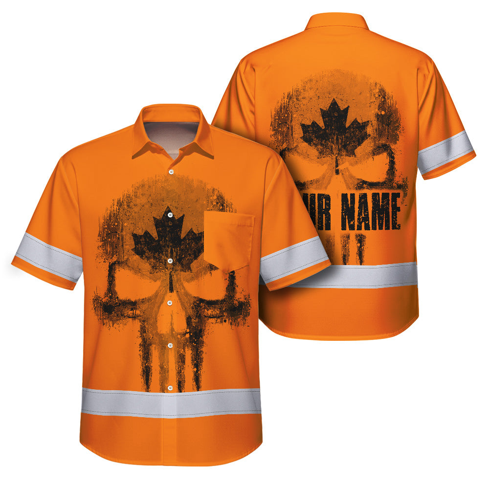 Hi Vis Hawaiian Shirt Reflective Tapes Orange Skull CA Flag Custom Name Safety Workwear For Workers, Truckers, Operators, Canadian