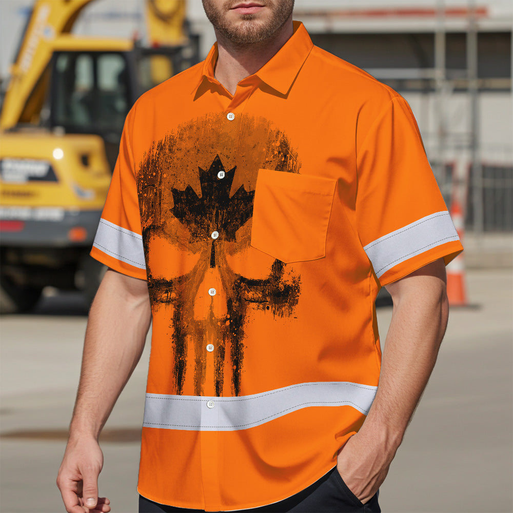 Hi Vis Hawaiian Shirt Reflective Tapes Orange Skull CA Flag Custom Name Safety Workwear For Workers, Truckers, Operators, Canadian