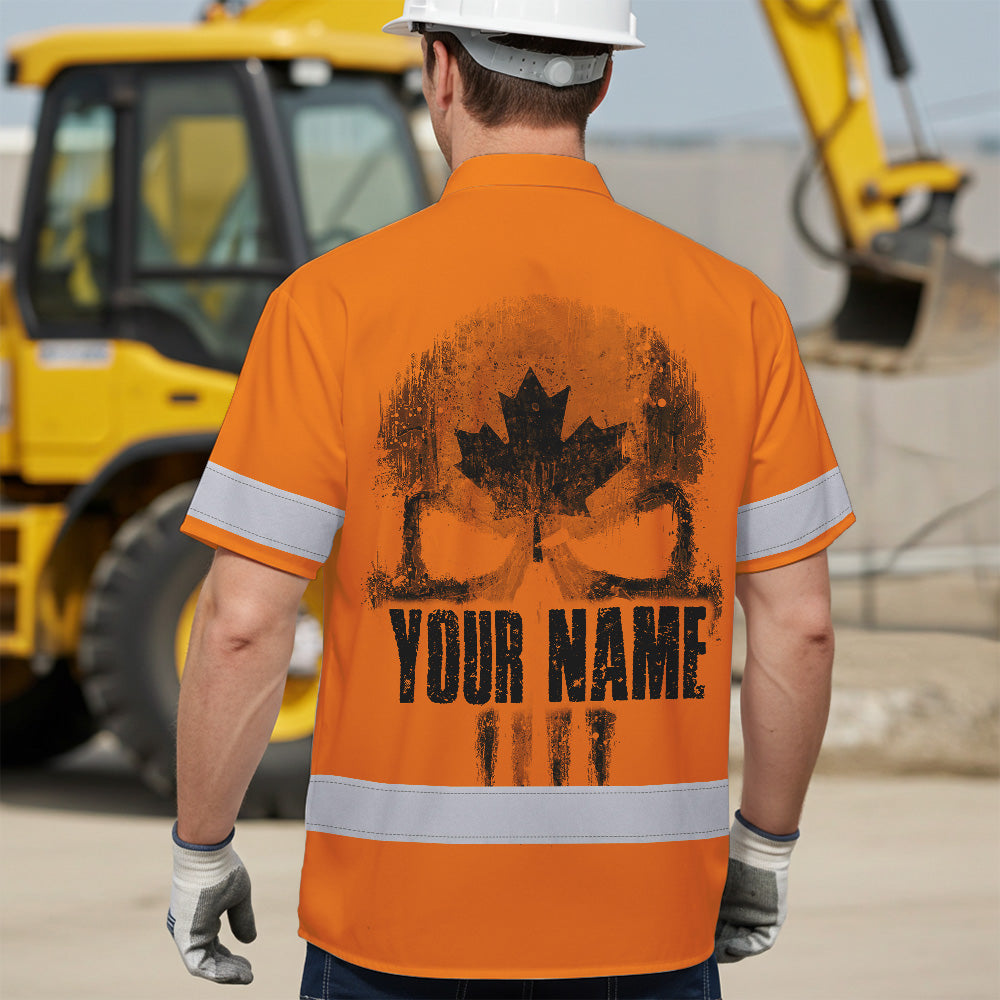 Hi Vis Hawaiian Shirt Reflective Tapes Orange Skull CA Flag Custom Name Safety Workwear For Workers, Truckers, Operators, Canadian