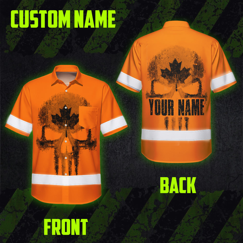 Hi Vis Hawaiian Shirt Reflective Tapes Orange Skull CA Flag Custom Name Safety Workwear For Workers, Truckers, Operators, Canadian