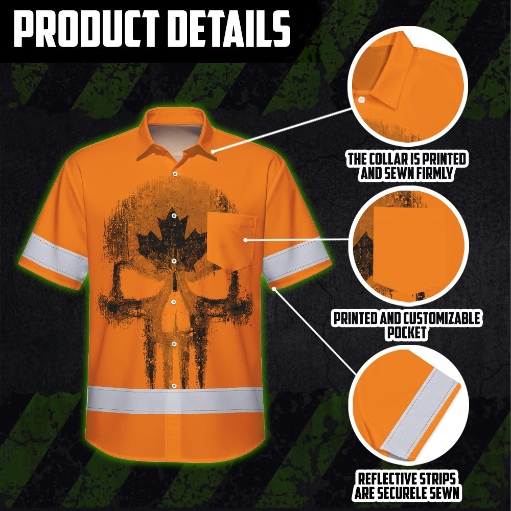Hi Vis Hawaiian Shirt Reflective Tapes Orange Skull CA Flag Custom Name Safety Workwear For Workers, Truckers, Operators, Canadian