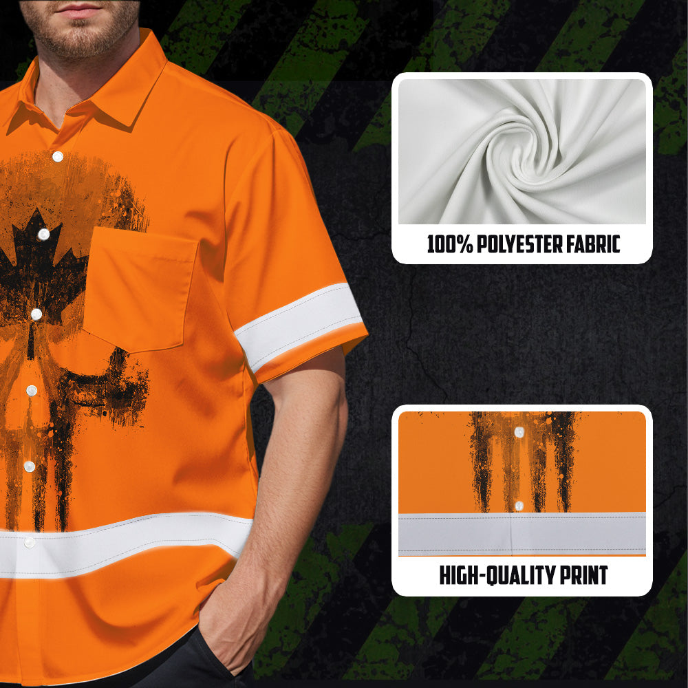 Hi Vis Hawaiian Shirt Reflective Tapes Orange Skull CA Flag Custom Name Safety Workwear For Workers, Truckers, Operators, Canadian