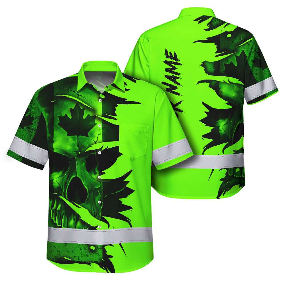 Hi Vis Hawaiian Shirt Reflective Tapes Green Skull Scratch CA Flag Custom Name Safety Workwear For Workers, Truckers, Operators, Canadian