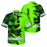 Hi Vis Hawaiian Shirt Reflective Tapes Green Skull Scratch CA Flag Custom Name Safety Workwear For Workers, Truckers, Operators, Canadian
