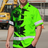 Hi Vis Hawaiian Shirt Reflective Tapes Green Skull Scratch CA Flag Custom Name Safety Workwear For Workers, Truckers, Operators, Canadian