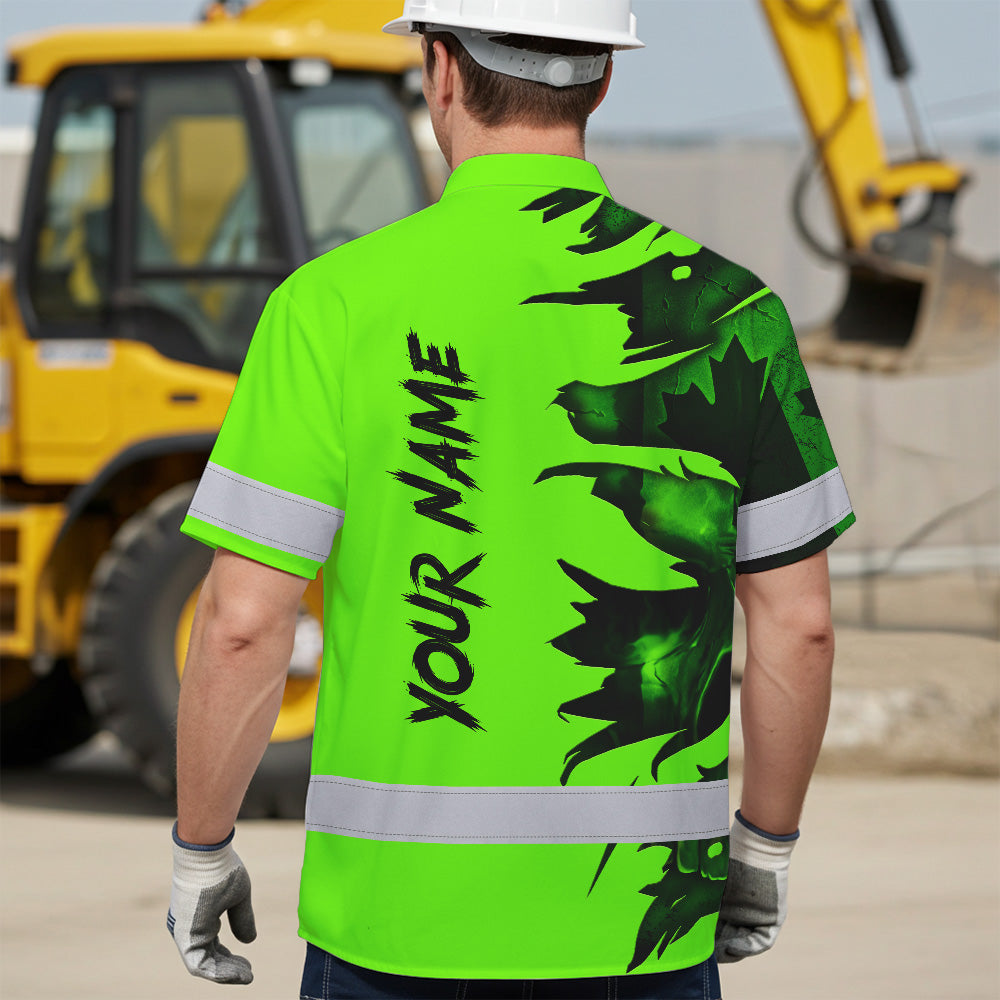Hi Vis Hawaiian Shirt Reflective Tapes Green Skull Scratch CA Flag Custom Name Safety Workwear For Workers, Truckers, Operators, Canadian