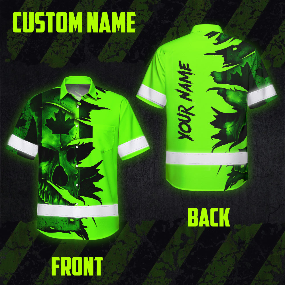 Hi Vis Hawaiian Shirt Reflective Tapes Green Skull Scratch CA Flag Custom Name Safety Workwear For Workers, Truckers, Operators, Canadian