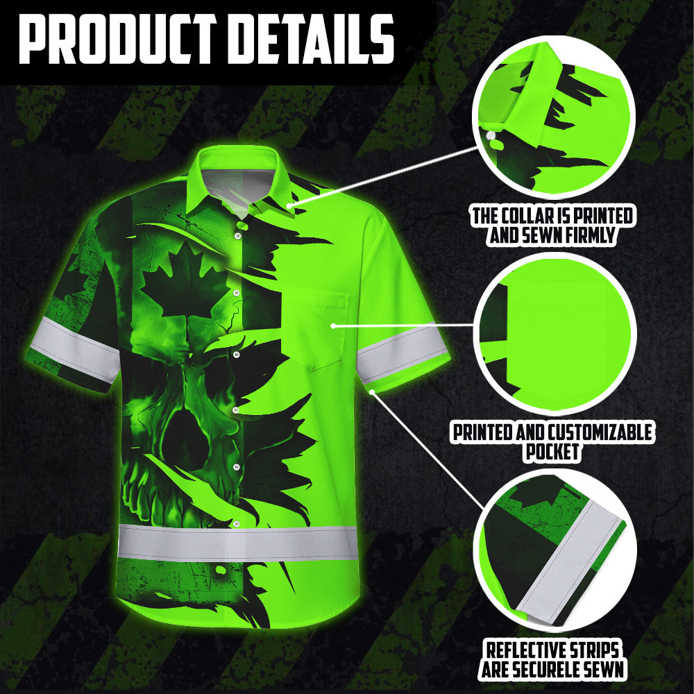 Hi Vis Hawaiian Shirt Reflective Tapes Green Skull Scratch CA Flag Custom Name Safety Workwear For Workers, Truckers, Operators, Canadian