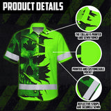 Hi Vis Hawaiian Shirt Reflective Tapes Green Skull Scratch CA Flag Custom Name Safety Workwear For Workers, Truckers, Operators, Canadian