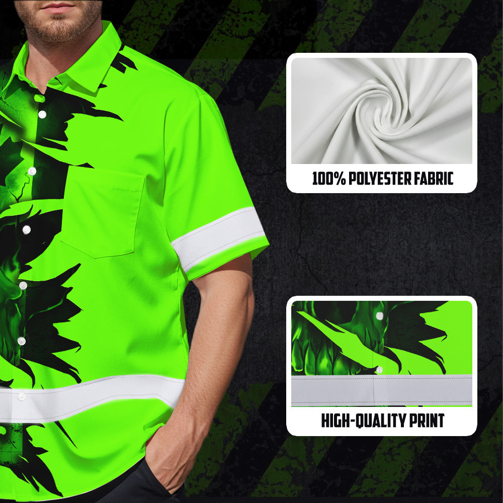 Hi Vis Hawaiian Shirt Reflective Tapes Green Skull Scratch CA Flag Custom Name Safety Workwear For Workers, Truckers, Operators, Canadian