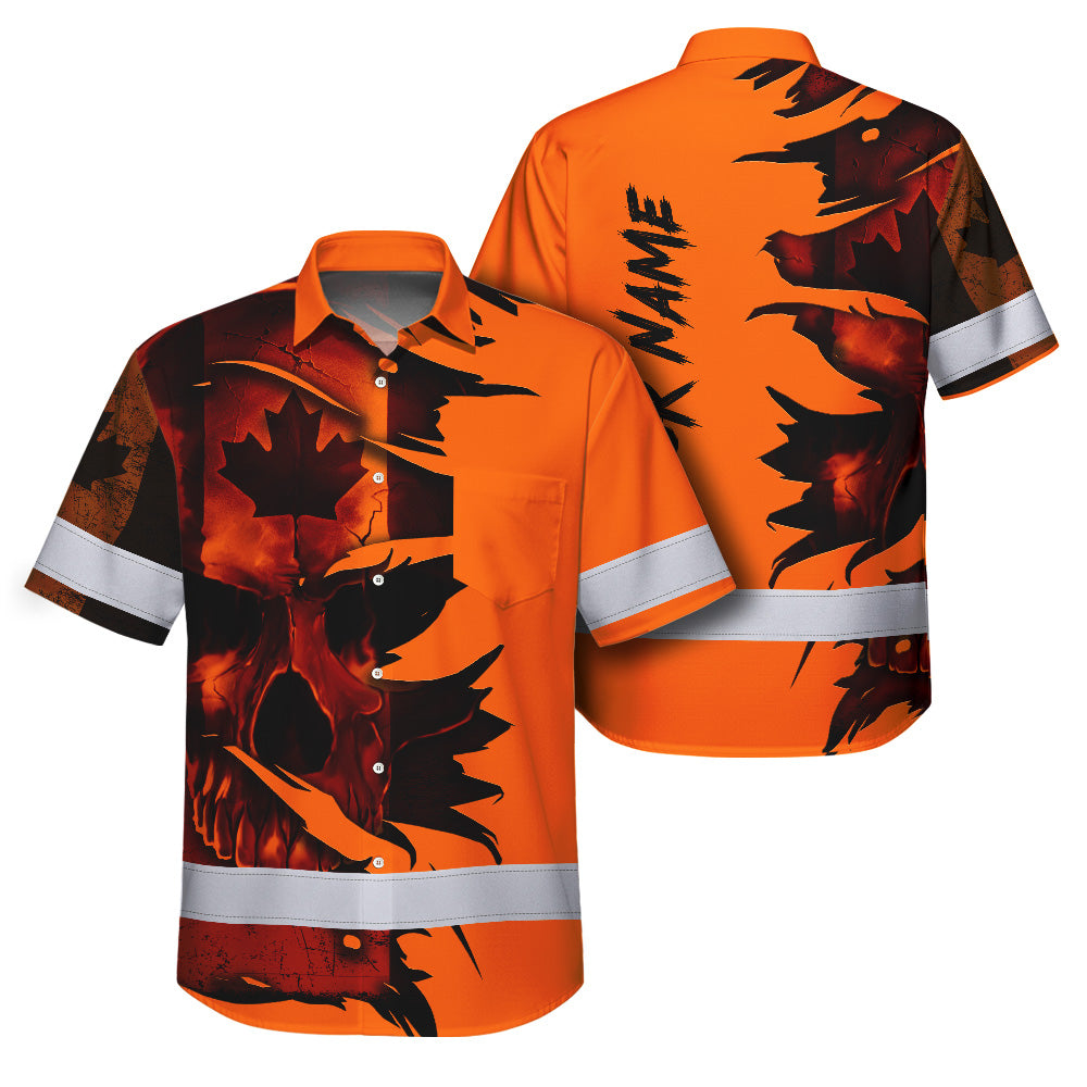 Hi Vis Hawaiian Shirt Reflective Tapes Orange Skull Scratch CA Flag Custom Name Safety Workwear For Workers, Truckers, Operators, Canadian