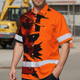 Hi Vis Hawaiian Shirt Reflective Tapes Orange Skull Scratch CA Flag Custom Name Safety Workwear For Workers, Truckers, Operators, Canadian
