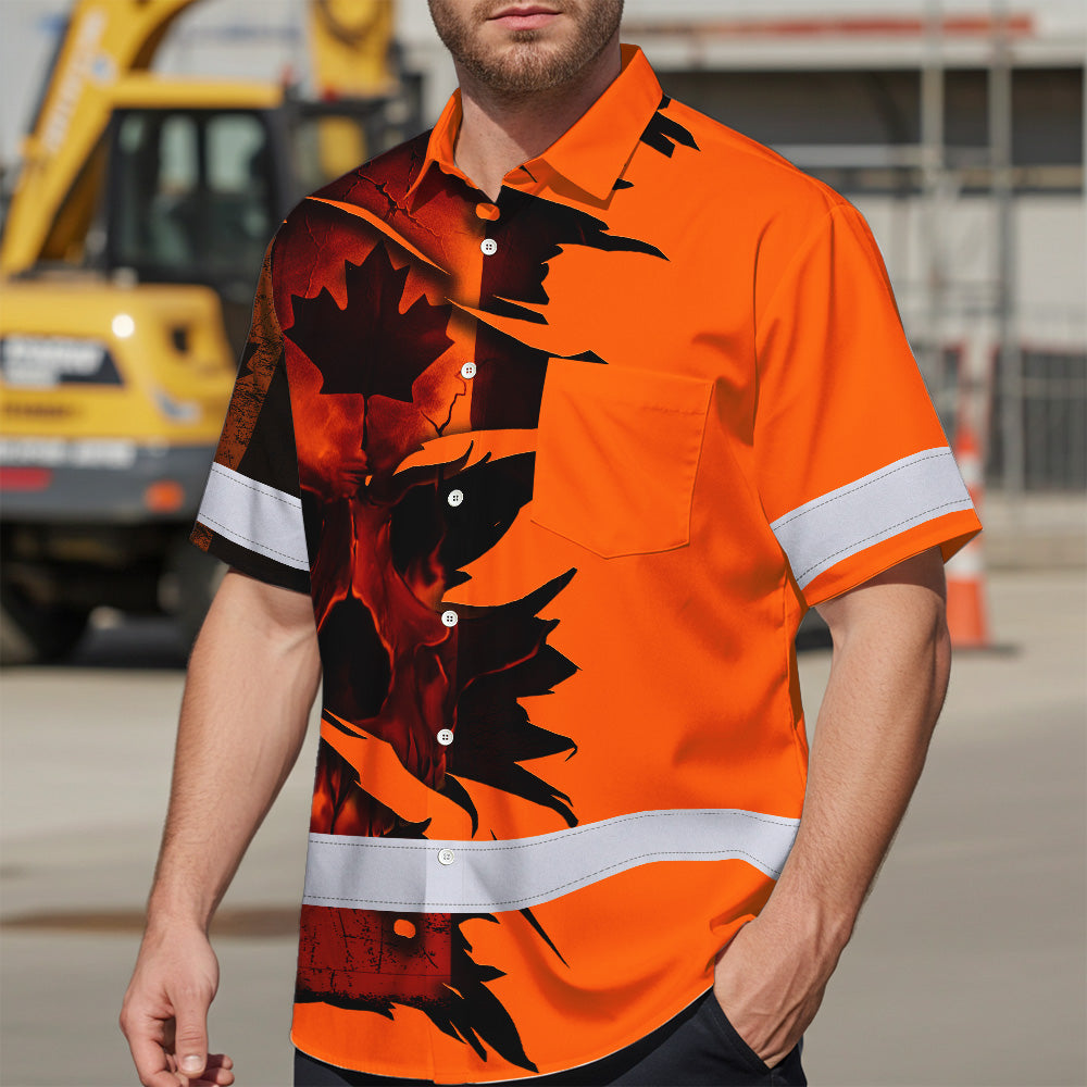 Hi Vis Hawaiian Shirt Reflective Tapes Orange Skull Scratch CA Flag Custom Name Safety Workwear For Workers, Truckers, Operators, Canadian