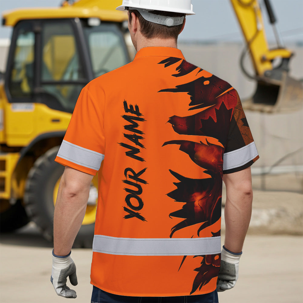 Hi Vis Hawaiian Shirt Reflective Tapes Orange Skull Scratch CA Flag Custom Name Safety Workwear For Workers, Truckers, Operators, Canadian
